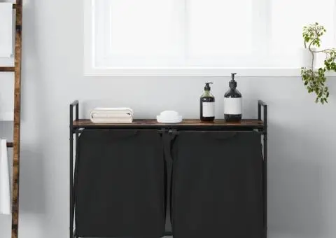 Coș de rufe 2 compartimente cu raft stejar fumuriu - 3/5