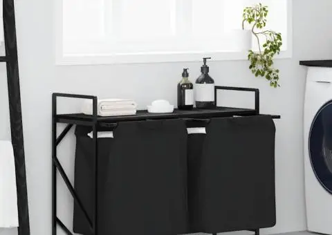 Coș de rufe 2 compartimente cu raft stejar negru - 1/5