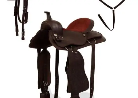 Șa Western, căpăstru & pieptar, piele naturală, 17", maro - 2/5