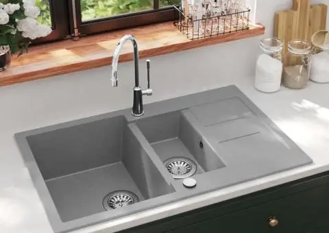 Chiuvetă de bucătărie din granit cu două cuve, gri - 1/5
