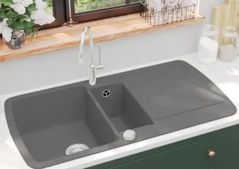 Chiuvetă de bucătărie din granit cu două cuve, gri - 1/5