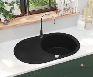 vidaXL Chiuvetă de bucătărie din granit cu o cuvă, negru, oval