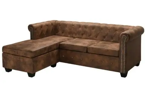 Canapea Chesterfield în formă de L, velur artificial, maro - 1/5