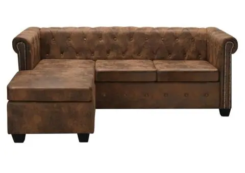 Canapea Chesterfield în formă de L, velur artificial, maro - 2/5