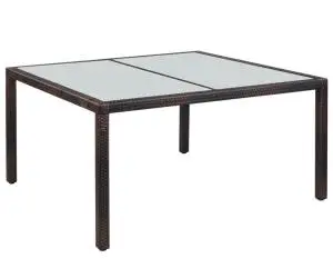 vidaXL Masă de grădină, maro, 150 x 90 x 75 cm, poliratan și sticlă