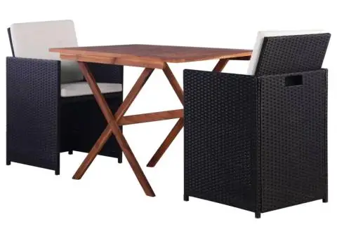 Set bistro, 3 piese, negru, poliratan și lemn de acacia - 1/5