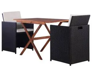 vidaXL Set bistro, 3 piese, negru, poliratan și lemn de acacia