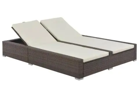 Șezlong de plajă dublu, maro, poliratan - 1/5