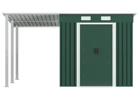 Șopron grădină, acoperiș extins, verde, 346x193x181 cm, oțel - 2/5