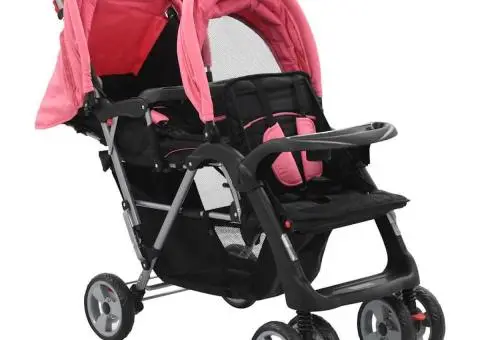 Cărucior tandem pentru copii, roz și negru, oțel - 2/5