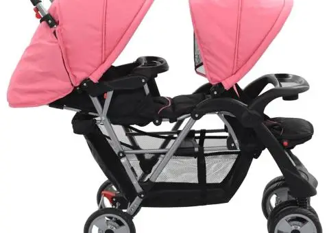 Cărucior tandem pentru copii, roz și negru, oțel - 3/5