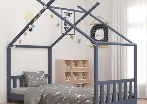 Cadru de pat pentru copii, gri, 90 x 200 cm, lemn masiv de pin - 1/5