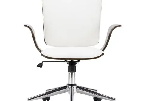 Scaun de birou rotativ, alb, piele ecologică și lemn curbat - 2/5