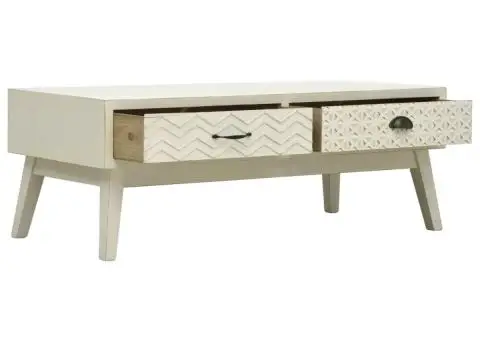 Masă de cafea cu 2 sertare sculptate, gri, 110x50x40 cm, lemn - 3/5