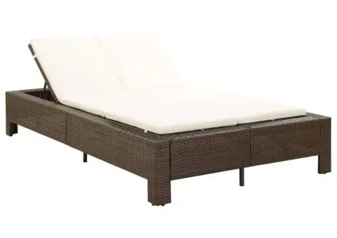 Șezlong de 2 persoane cu pernă, maro, poliratan - 1/5