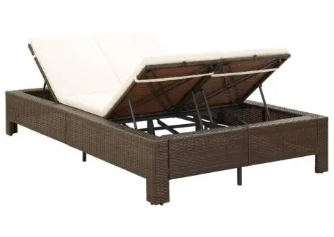 Șezlong de 2 persoane cu pernă, maro, poliratan - 3/5