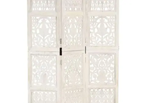 Paravan cameră sculptat manual 3 panouri alb 120x165 cm mango - 1/5