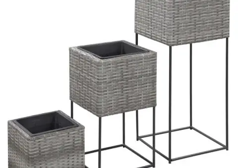 Jardiniere de grădină înalte, 3 buc., gri, poliratan - 1/5