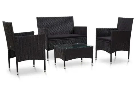 Set mobilier de grădină cu perne, 4 piese, negru, poliratan - 1/5