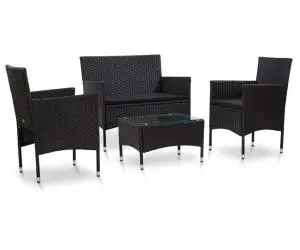 vidaXL Set mobilier de grădină cu perne, 4 piese, negru, poliratan