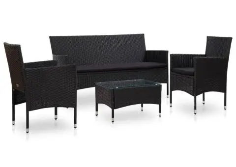 Set mobilier de grădină cu perne, 4 piese, negru, poliratan - 1/5