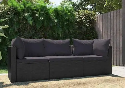 Set mobilier de grădină cu perne, 3 piese, negru, poliratan - 1/5