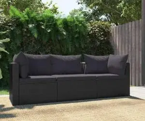 Set mobilier de grădină cu perne, 3 piese, negru, poliratan