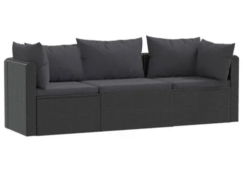 Set mobilier de grădină cu perne, 3 piese, negru, poliratan - 2/5