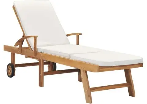 Șezlong cu pernă, crem, lemn masiv de tec - 1/5