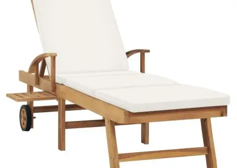 Șezlong cu pernă, crem, lemn masiv de tec - 3/5