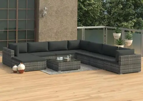 Set mobilier de grădină cu perne, 9 piese, gri, poliratan - 1/5