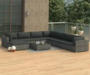 Set mobilier de grădină cu perne, 9 piese, gri, poliratan