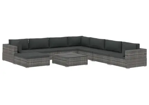 Set mobilier de grădină cu perne, 9 piese, gri, poliratan - 2/5