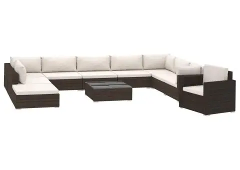 Set mobilier de grădină cu perne, 11 piese, maro, poliratan - 2/5