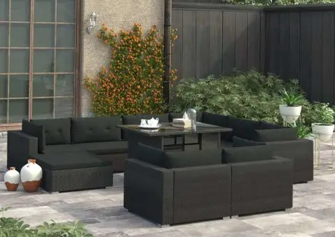 Set mobilier de grădină cu perne, 10 piese, negru, poliratan - 1/5