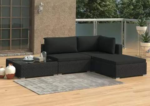 Set mobilier de grădină cu perne, 4 piese, negru, poliratan - 1/5