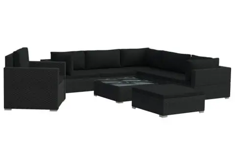 Set mobilier de grădină cu perne, 8 piese, negru, poliratan - 2/5