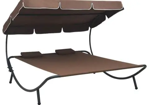 Pat șezlong de exterior cu baldachin și perne, maro - 1/5