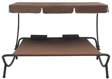 Pat șezlong de exterior cu baldachin și perne, maro - 2/5