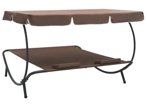 Pat șezlong de exterior cu baldachin și perne, maro - 4/5