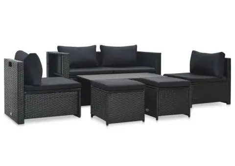 Set mobilier de grădină cu perne, 6 piese, negru, poliratan - 1/5