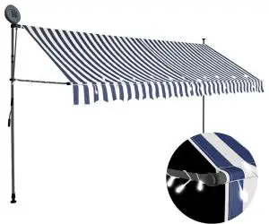 vidaXL Copertină retractabilă manual cu LED, albastru & alb, 350 cm