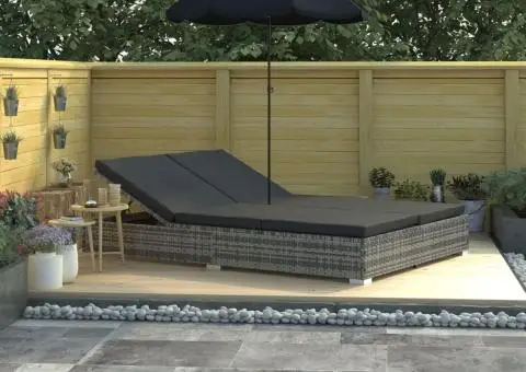 Pat șezlong de exterior cu umbrelă, gri, poliratan - 1/5