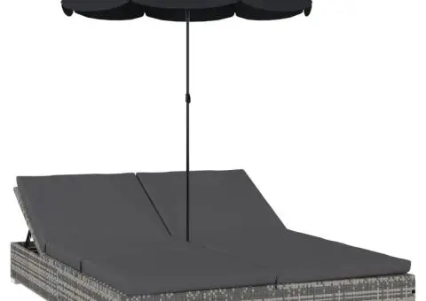 Pat șezlong de exterior cu umbrelă, gri, poliratan - 2/5