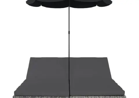 Pat șezlong de exterior cu umbrelă, gri, poliratan - 3/5