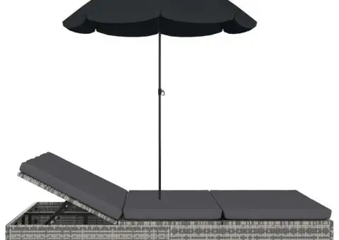 Pat șezlong de exterior cu umbrelă, gri, poliratan - 4/5