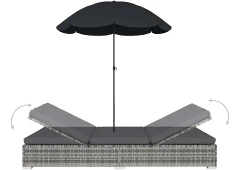 Pat șezlong de exterior cu umbrelă, gri, poliratan - 5/5