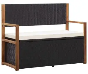 vidaXL Bancă de depozitare, negru, 115 cm, poliratan și lemn de acacia