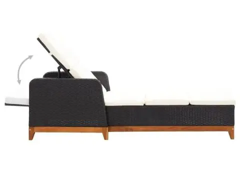 Șezlong, negru, poliratan și lemn masiv de acacia - 4/5