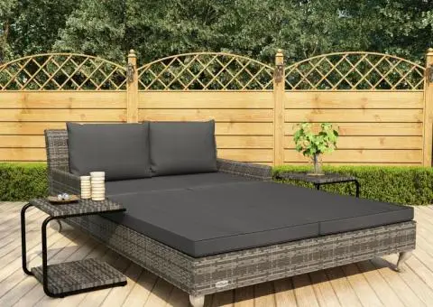 Pat de grădină pentru 2 persoane, cu perne, gri, poliratan - 1/5